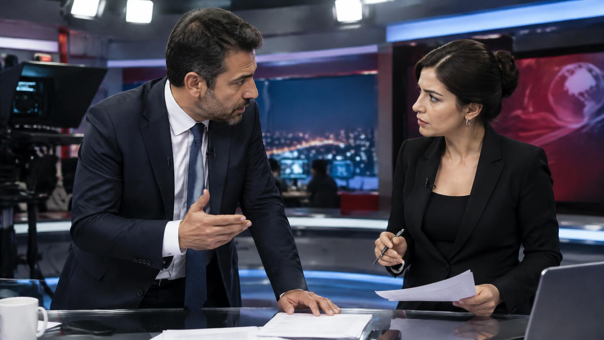 Two journalists having a tense discussion at a news desk before airtime