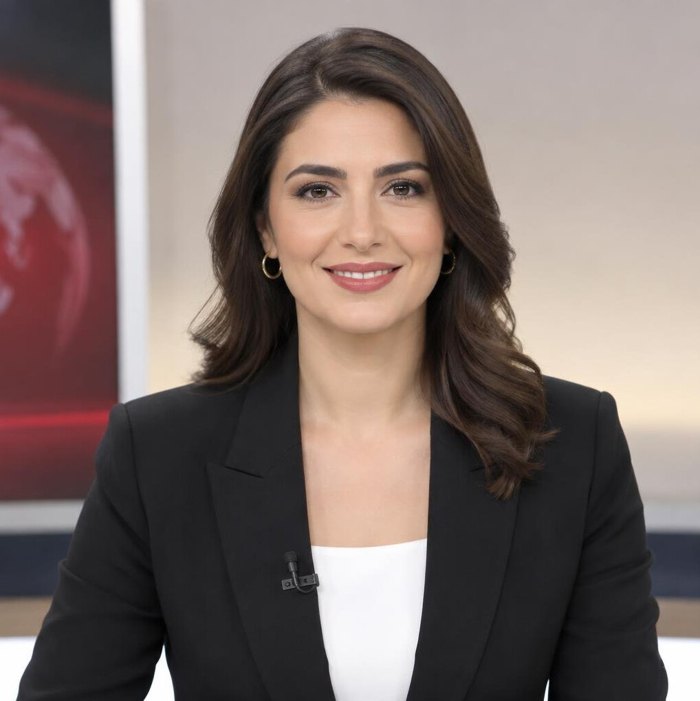 Turkish female TV news anchor smiling in a broadcast studio